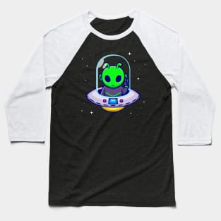 Cute Alien With Peace Hand In Spaceship UFO Cartoon Baseball T-Shirt